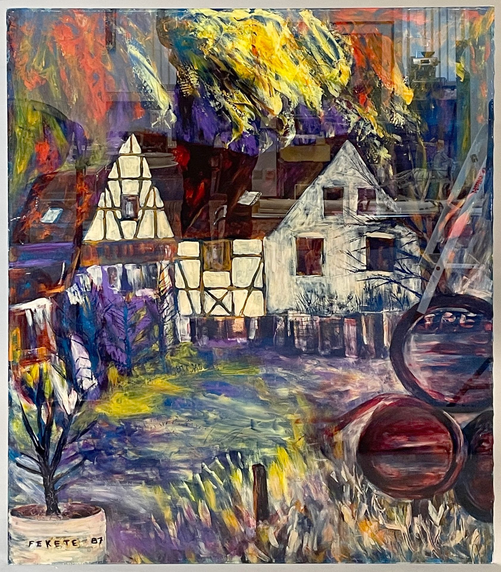 Esteban FEKETE (1924 - 2009). Dörfliche Straßenansicht. Hinterglasmalerei.