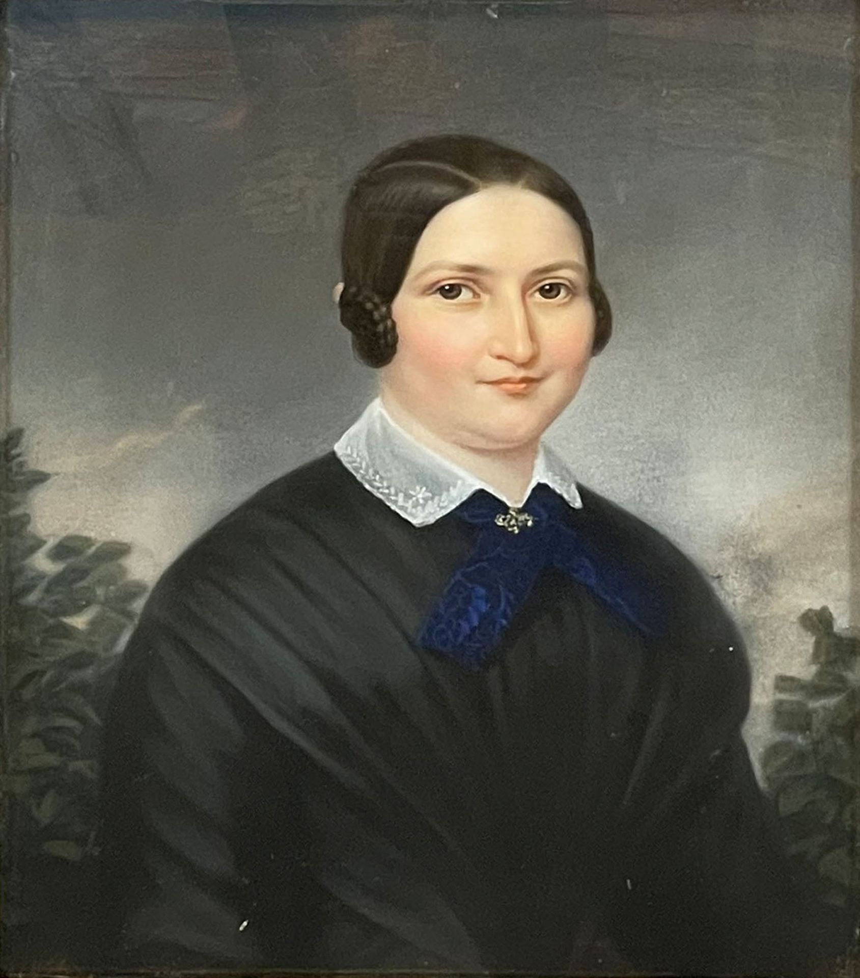 Johann ROUX (1806 - 1880). Biedermeier Portrait einer Dame mit blauer Schleife.