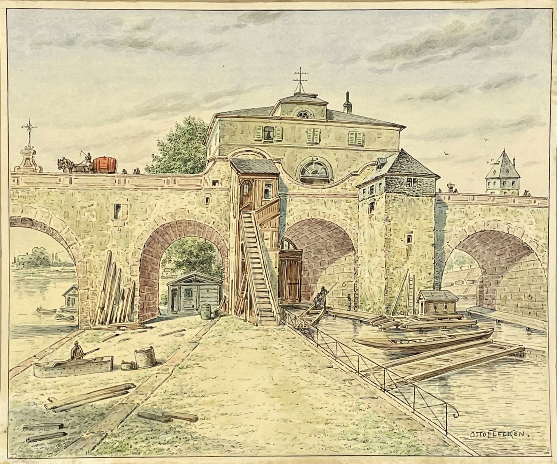 Otto FLECKEN (1860 - 1925). Die alte Brücke von Frankfurt am Main.