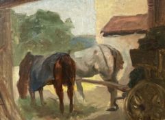 Wilhelm SAUER (XIX - XX). Kutsche mit zwei ruhenden Pferden.