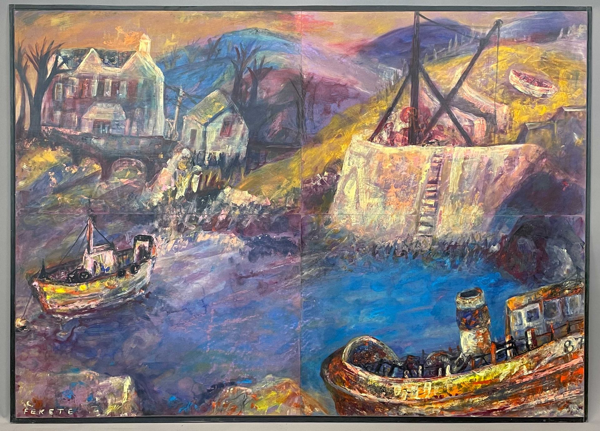 Esteban FEKETE (1924 - 2009). Dorfansicht mit Blick auf eine Bucht mit Fischerbooten. - Bild 2 aus 10