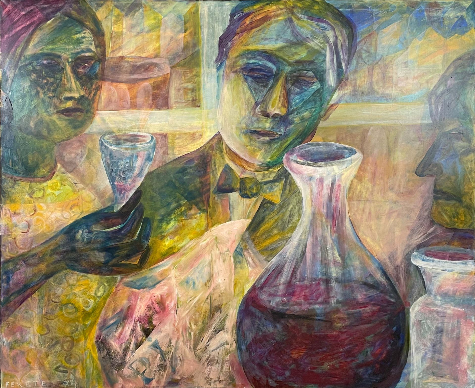 Esteban FEKETE (1924 - 2009). Darstellung von drei Personen bei der Weinverkostung.