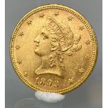 Goldmünze 10 Dollar. USA 1893. Coronet Head Eagle. Circa 16,7 Gramm. Vorzüglich.