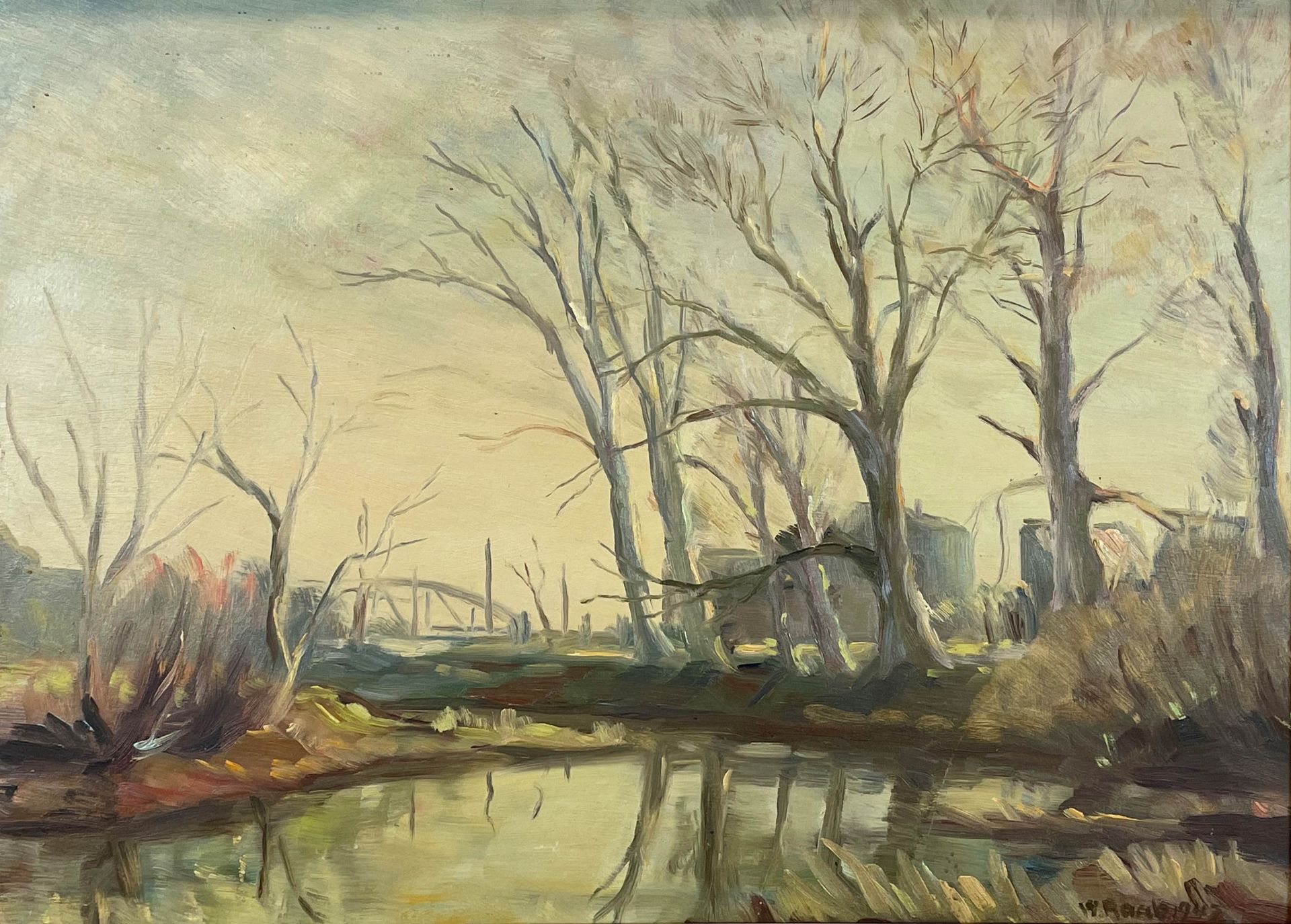 Wilhelm RAAB (1907 - 1989). Herbstliche Flusslandschaft mit Blick auf eine Brücke.