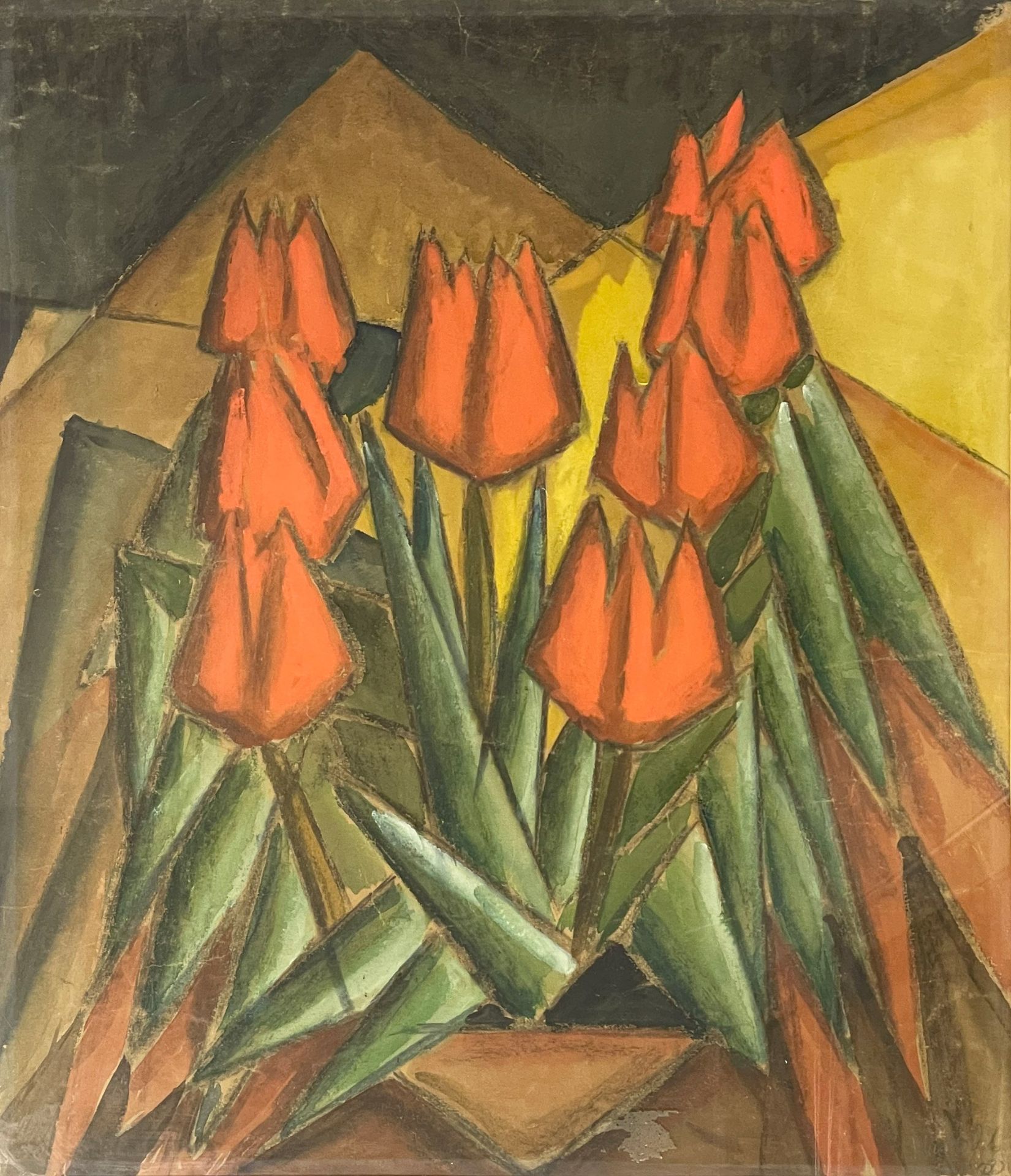 UNLESERLICH SIGNIERT (XX). Expressionistisch gemaltes Stillleben mit Tulpen.