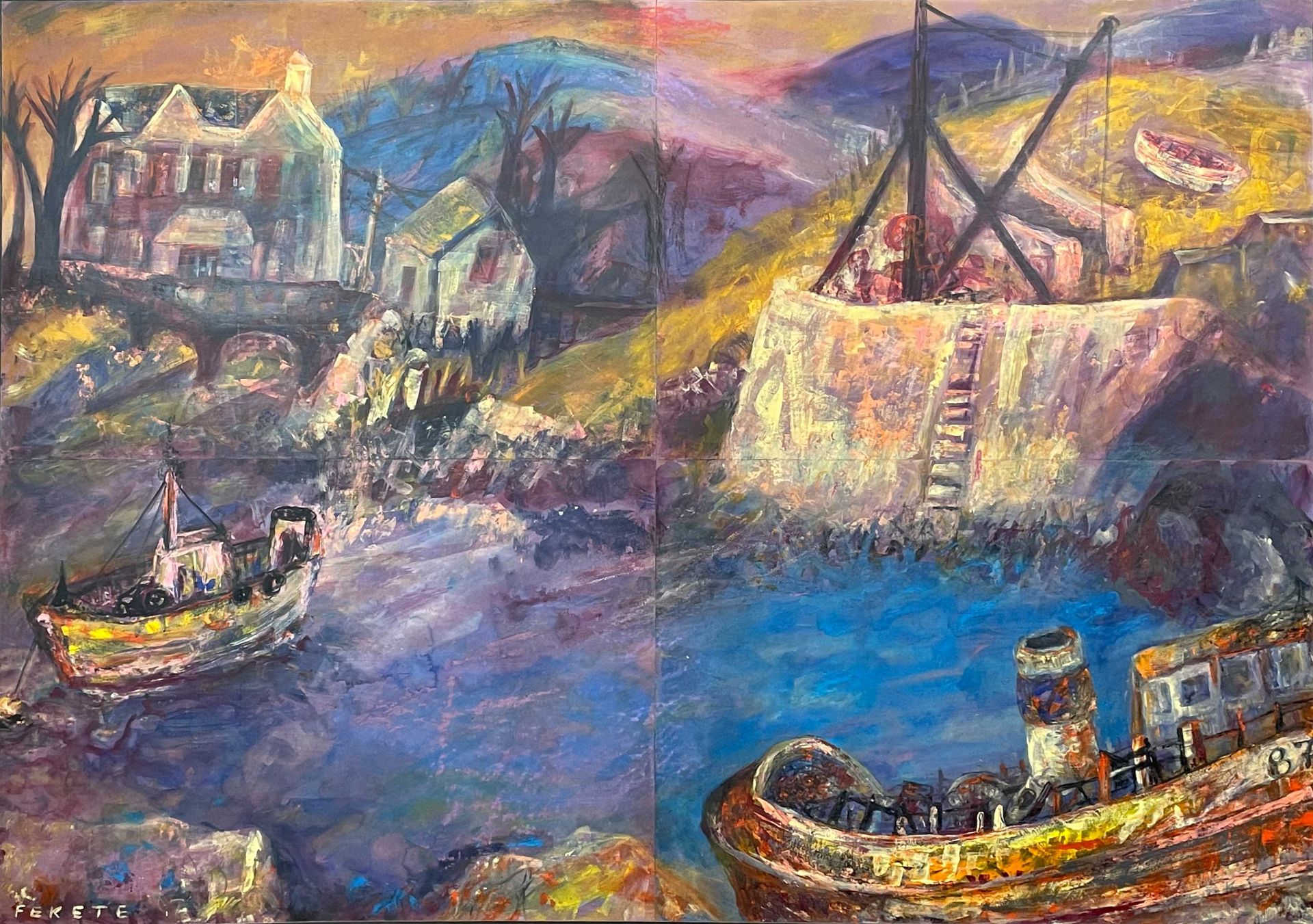 Esteban FEKETE (1924 - 2009). Dorfansicht mit Blick auf eine Bucht mit Fischerbooten.