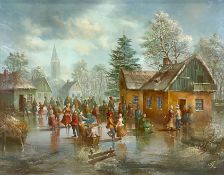 Monogrammist (K.J.?). Winterliches Dorf mit Schlittschuhläufern. Ende 19. Jahrhundert.