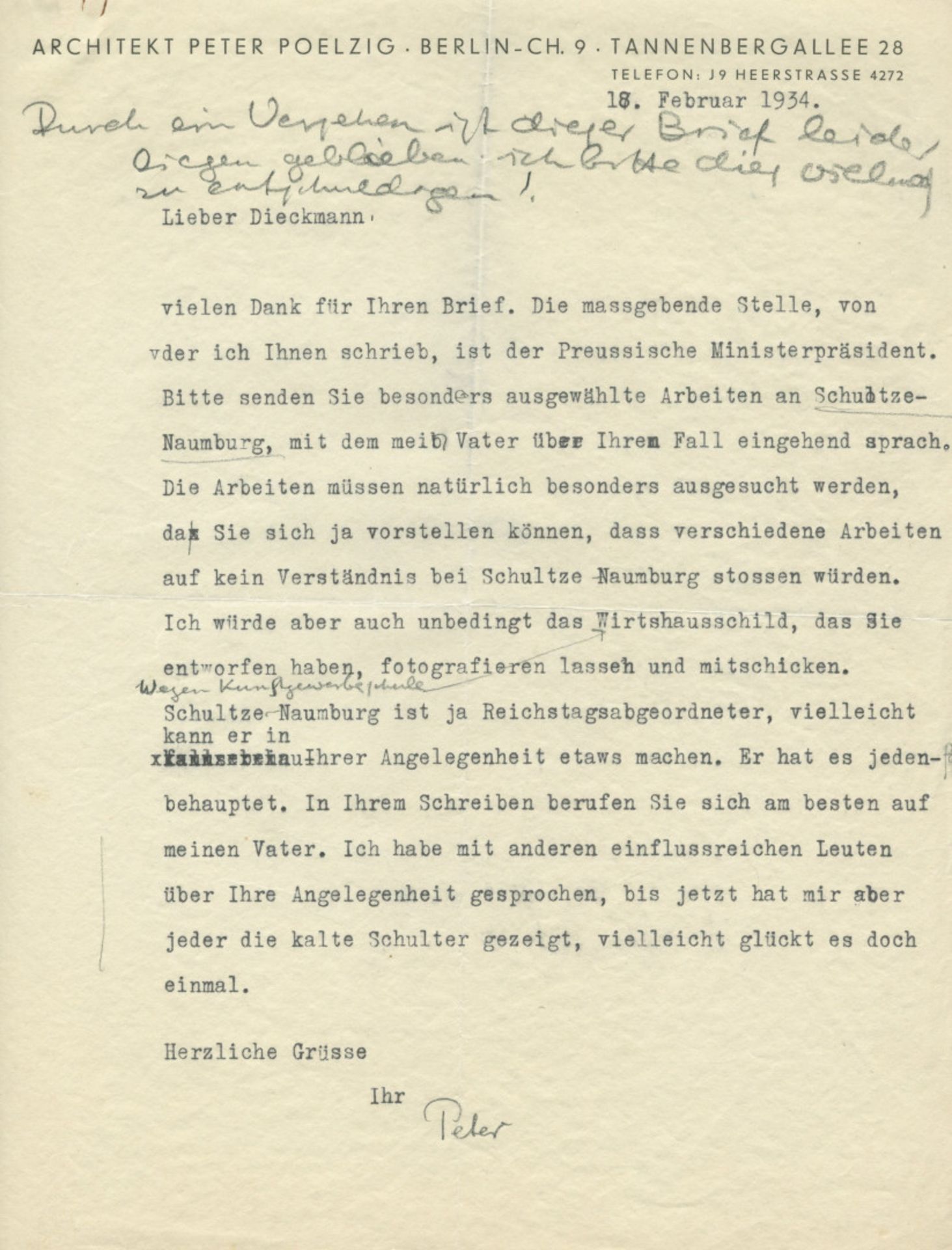 Bauhaus. - Poelzig, Hans. (1869-1839) und Peter Poelzig (1906-1981), Architekten: Sammlung mit 9 han - Bild 5 aus 5