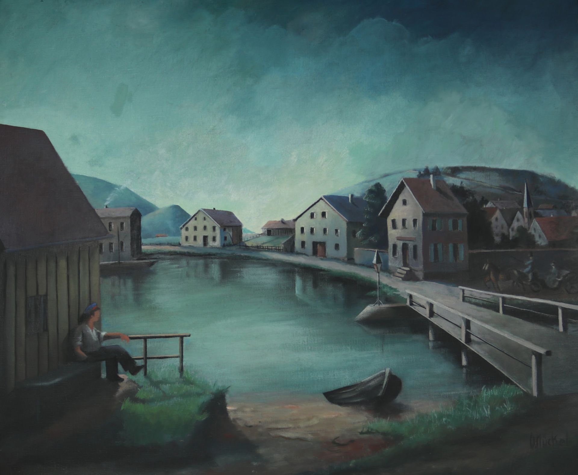 Nückel, Otto. (1888-1955): Ansicht eines Dorfes in Berglandschaft mit einem kleinen See im Vordergr