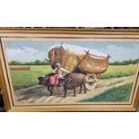 A 20th Century Oil on Panel of an Indian man sitting on his cart. Indistinctively signed LR. With