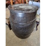 A Vintage metal bound Barrell with timber top used as a table. D 49 x H 65 cm approx.