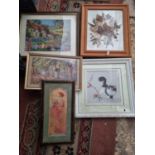 A selection of small Pictures including a Tapestry, a decorated Mirror and Prints.