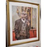 A framed print by Jay Killian LR of a man smoking a pipe and having a pint in a pub . 66 x 53 cm