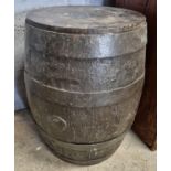 A good Metal bound Barrel used as a table. D 49 x H 65 cm approx.