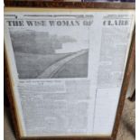 'The wise Woman of Clare' A framed newspaper cutting. 47 x 63 cm approx.