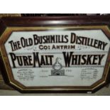 A framed Pub Advertising Print of 'Old Bushmills Distillery pure malt Whiskey'. 60 x 90 cm approx.
