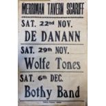 An early Merriman Tavern vintage advertising Poster for De Danann, Wolfe Tones and Bothy Band.