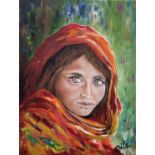 'Afghan Girl Sharbat Gula' Oil on Canvas signed by the artist Sile O'Beirne. 40 x 30 cm approx .