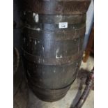 A Vintage Metal bound Barrel used as a Table, with cap. D 34 x H 64 cm approx.
