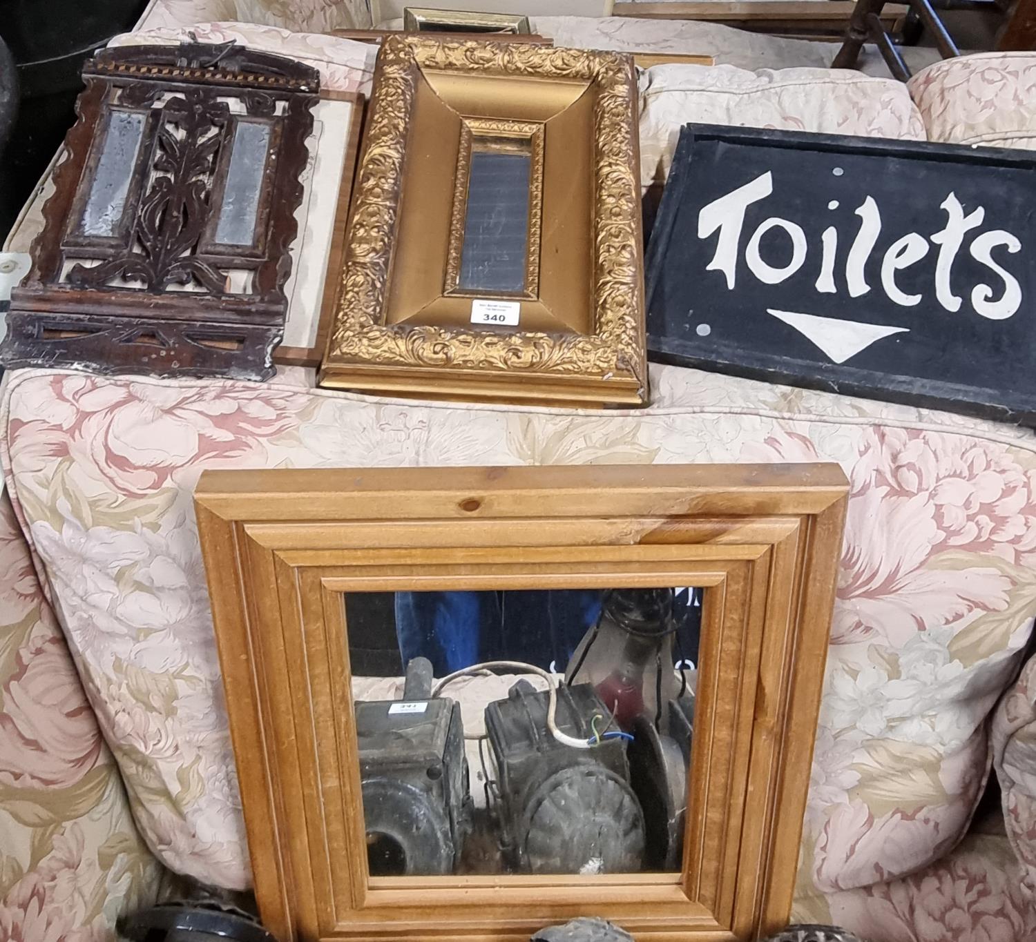 A group of Vintage Mirrors along with an advertisement for toilets. 160 x 90 H 67 cm approx.