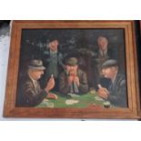 An oil on board of men playing cards. Signed LL Fergus O'Brien. 48 x 58 cm approx.