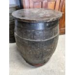 A good Metal bound Barrel used as a table. D 49 x H 65 cm approx.