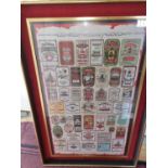 A framed collage Print of Old Whiskey Labels.