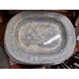 Three 19th Century blue and white meat Platters. 46 x 36 cm approx.