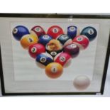 A Print of Pool balls with a chicken coming out of the black ball. Eight ball by Michael Amhann /