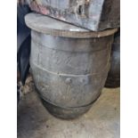 A Metal bound Barrel used as a Table. D 47 x H 65 cm approx.