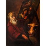 Spanish school of the first half of the 18th century."Saint Luke painting the Holy Family".Oil on