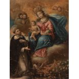 Spanish school; 18th century."The Virgin giving the Rosary to Saint Dominic de Guzmán".Oil on