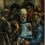 ANTONI COSTA TORRAS (Barcelona, 1904 - 1965)."Group of gentlemen reading".Oil on canvas.Precise