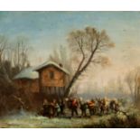 VAN GHELL (19th century)."Emigrants in a Winter Landscape".Oil on canvas.Signed in the lower left