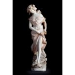 Italian school, ca.1900."Woman crossing the river".Alabaster.Measurements: 80 cm. high.Modernist