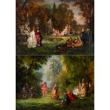 French school. Follows models by Antoine Watteau, 19th century.Pair of country scenes.Oil on