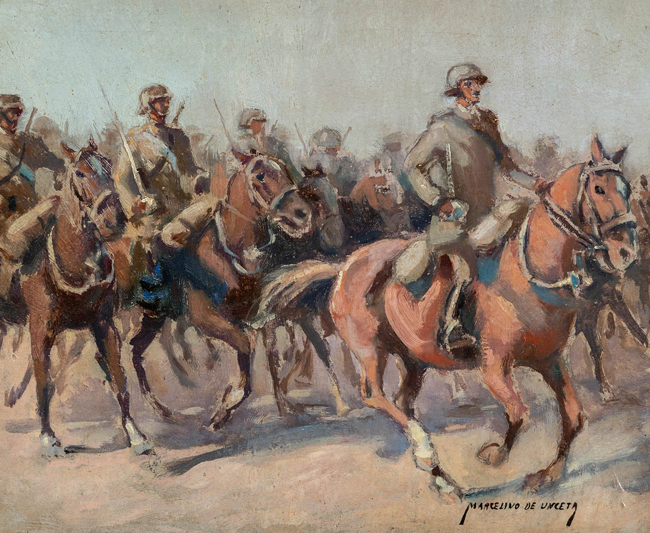 MARCELINO DE UNCETA Y LÓPEZ (Zaragoza, 1835 - Madrid, 1905)."Cavalry".Oil on cardboard.Signed in the