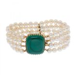 ROCA bracelet with four strands of pearls mounted on mesh knotted to a yellow gold centre with large