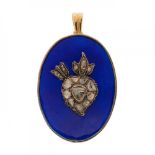 Victorian style 18K yellow gold pendant in blue enamel.It features a heart motif of rose-cut