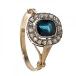 18kt yellow gold ring with silver, blue sapphire and rock-cut brilliant-cut diamonds.Measurements: