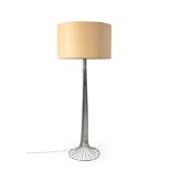 Designer floor lamp. 1980s.Chromed metal structure. Fabric lampshade.Four points of light.