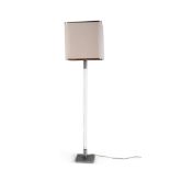 Designer floor lamp. 1980s.Methacrylate base with chromed metal base. Parchment lampshade.Three