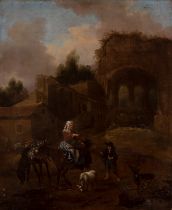 Painter Bamboccianti; 18th century."Camp of ruins with a pastoral scene".Oil on canvas.Measurements:
