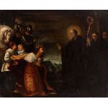 Italian school; 17th century."Saint Benedict and Totila".Oil on canvas. Re-coloured.It has