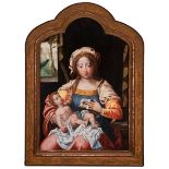Flemish school; first half of the 16th century."Virgin and Child.Oil on oak panel.It has a 20th