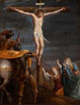 Flemish school; 17th century."Calvary".Oil on copper.It has a 19th century frame.Measurements: 46