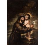 Spanish school; ca. 1700."Saint Anthony with Child".Oil on canvas. Relined.It presents