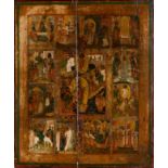 Russian icon from the 17th-18th century."Scenes from the life of the Virgin and Jesus".Painting on