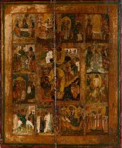 Russian icon from the 17th-18th century."Scenes from the life of the Virgin and Jesus".Painting on