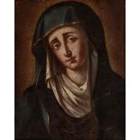 Spanish school; c. 1700."Dolorosa".Oil on canvas. Relined.Measurements: 41 x 33 cm; 48,5 x 40 cm (